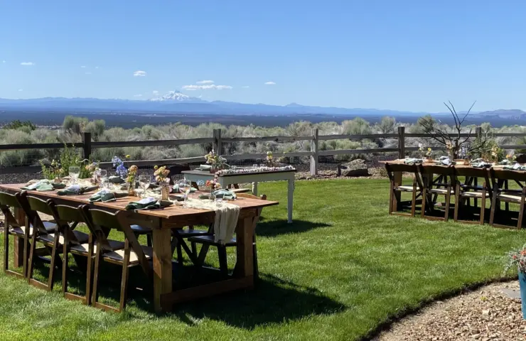 Farm Table Rentals over looking mountain range on a gorgeous sunny day!