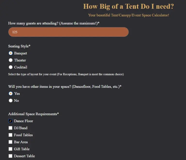 Tent Rentals Size Calculator